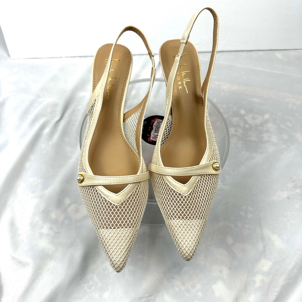 Nicole Miller New York Pearl Mesh Slingback Pump Womens 8 Cream Pointed Toe Heel - Picture 9 of 14